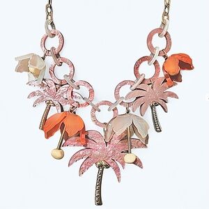 Chunky Statement Necklace w/ Palm Tree & Tropical Flower Charms & Gold Accents